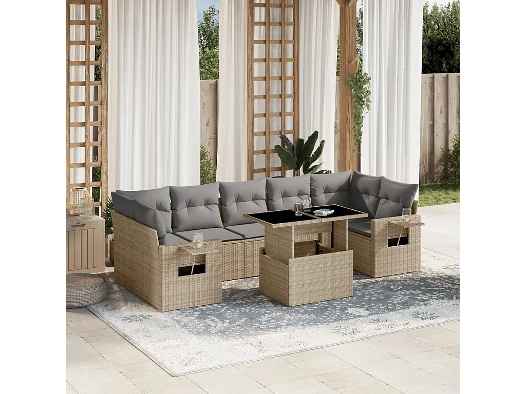 Salon de jardin avec coussins 8 pièces beige résine tressée