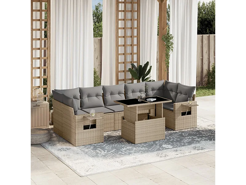 Salon de jardin avec coussins 8 pièces beige résine tressée