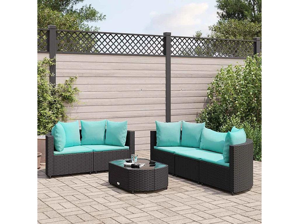 6-delige Loungeset met kussens poly rattan zwart