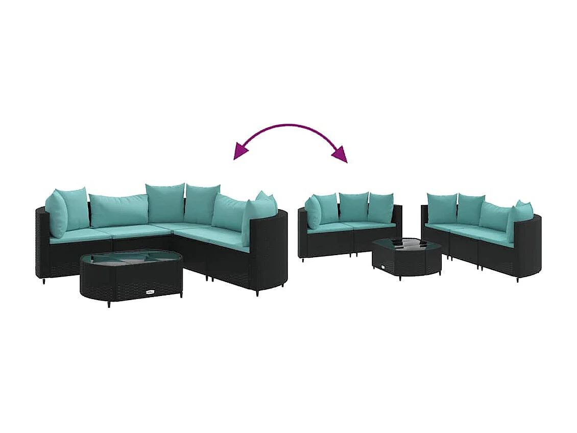 6-delige Loungeset met kussens poly rattan zwart