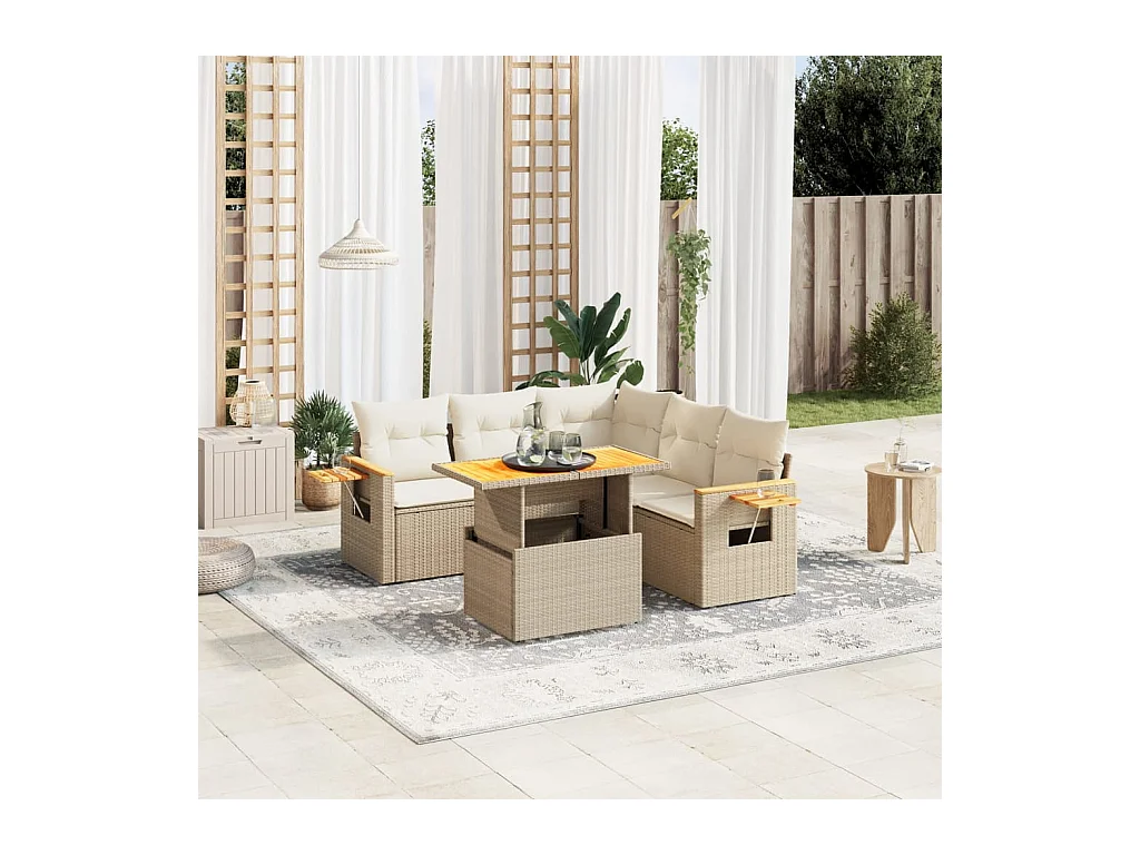 Salon de jardin avec coussins 6 pièces beige résine tressée