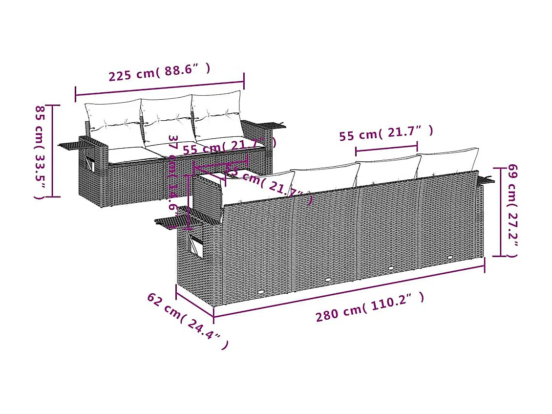 8 peças conj. sofás jardim com almofadões vime PE cinzento-claro
