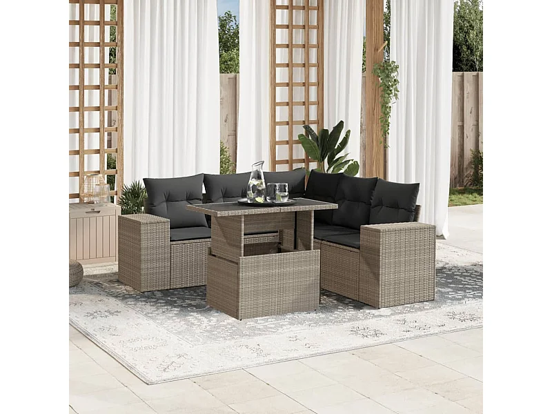 6-delige Loungeset met kussens poly rattan lichtgrijs