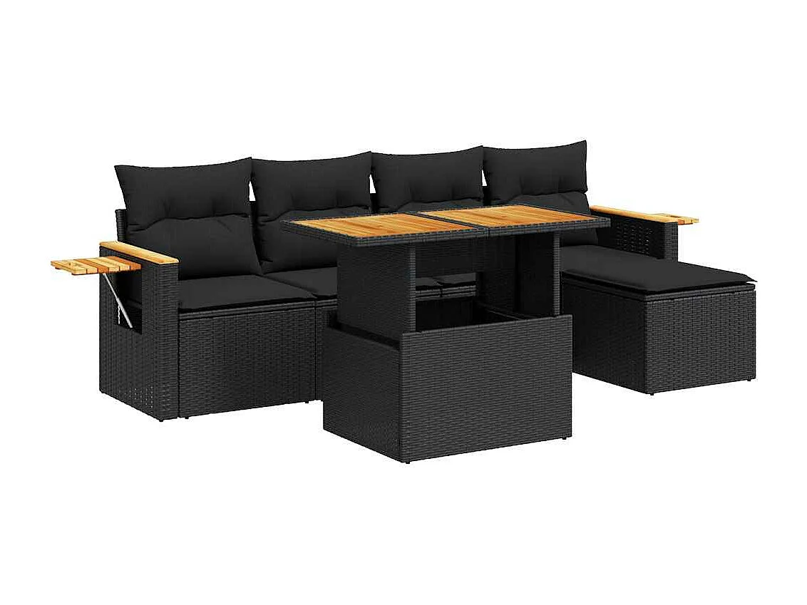 Salon de jardin avec coussins 7 pièces noir résine tressée acacia