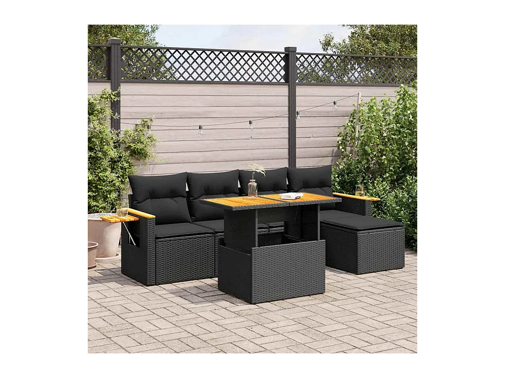 Salon de jardin avec coussins 7 pièces noir résine tressée acacia