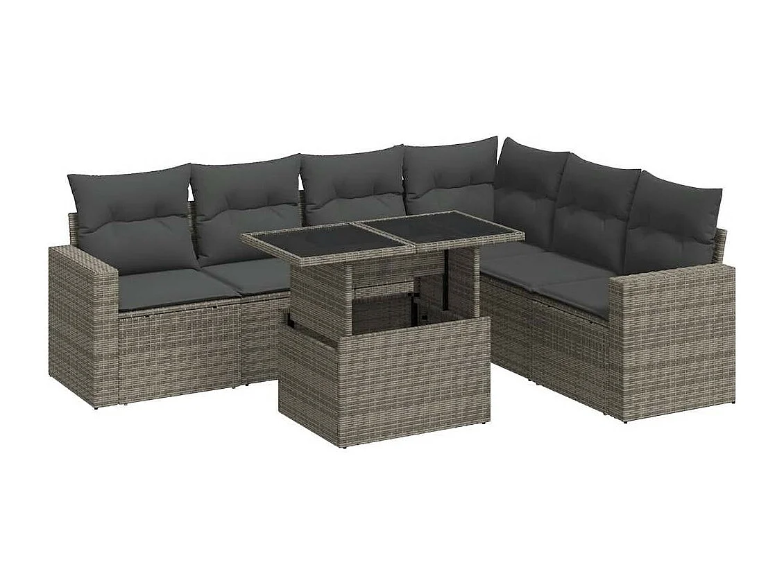 7 peças conjunto sofás para jardim com almofadões vime PE cinzento