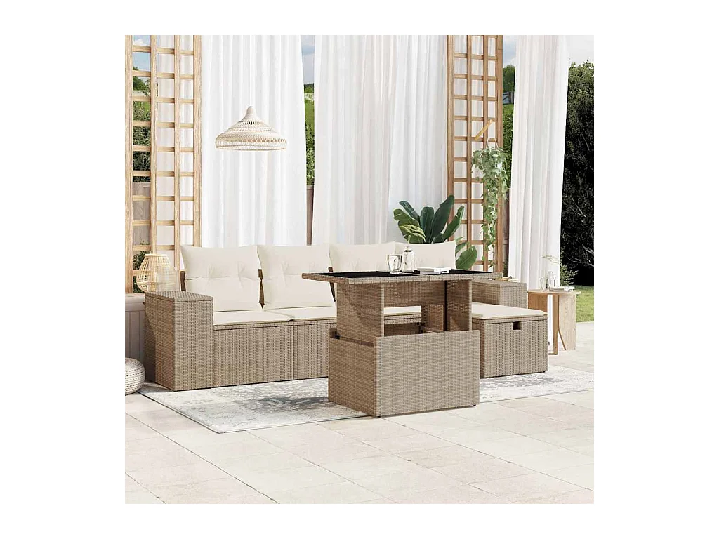Salon de jardin avec coussins 6 pièces beige résine tressée