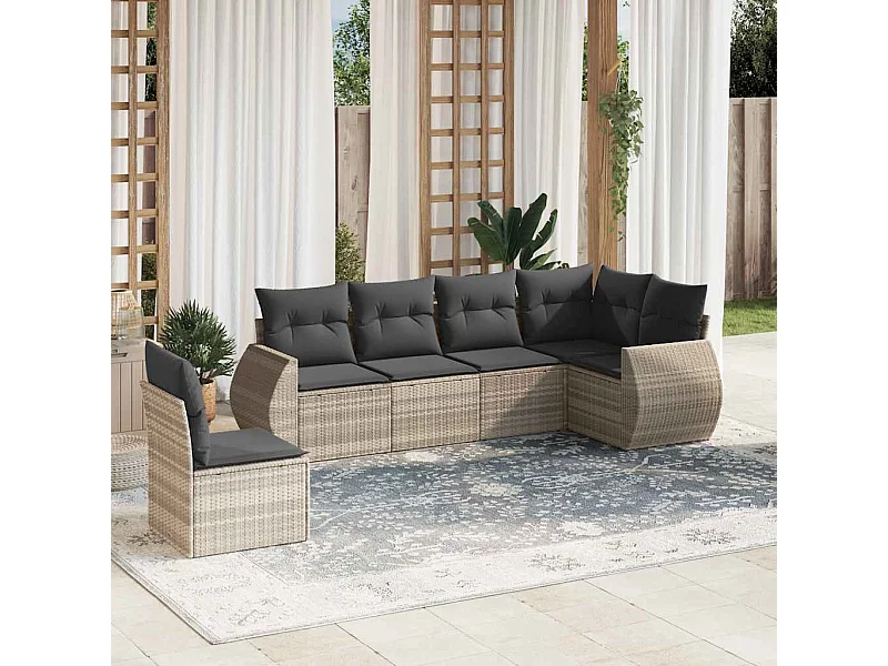 Salon de jardin 6 pièces avec coussins gris clair résine tressée