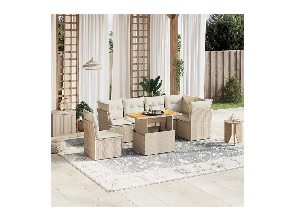 Salon de jardin avec coussins 7 pièces beige résine tressée