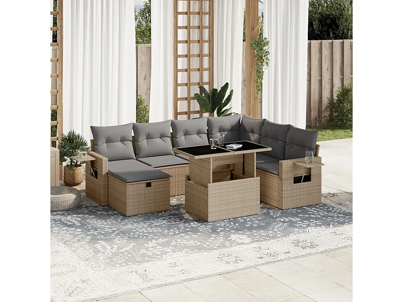 8 peças conjunto de sofás para jardim com almofadões vime PE bege