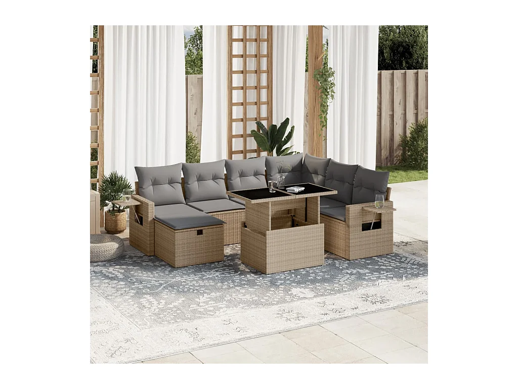 8 peças conjunto de sofás para jardim com almofadões vime PE bege