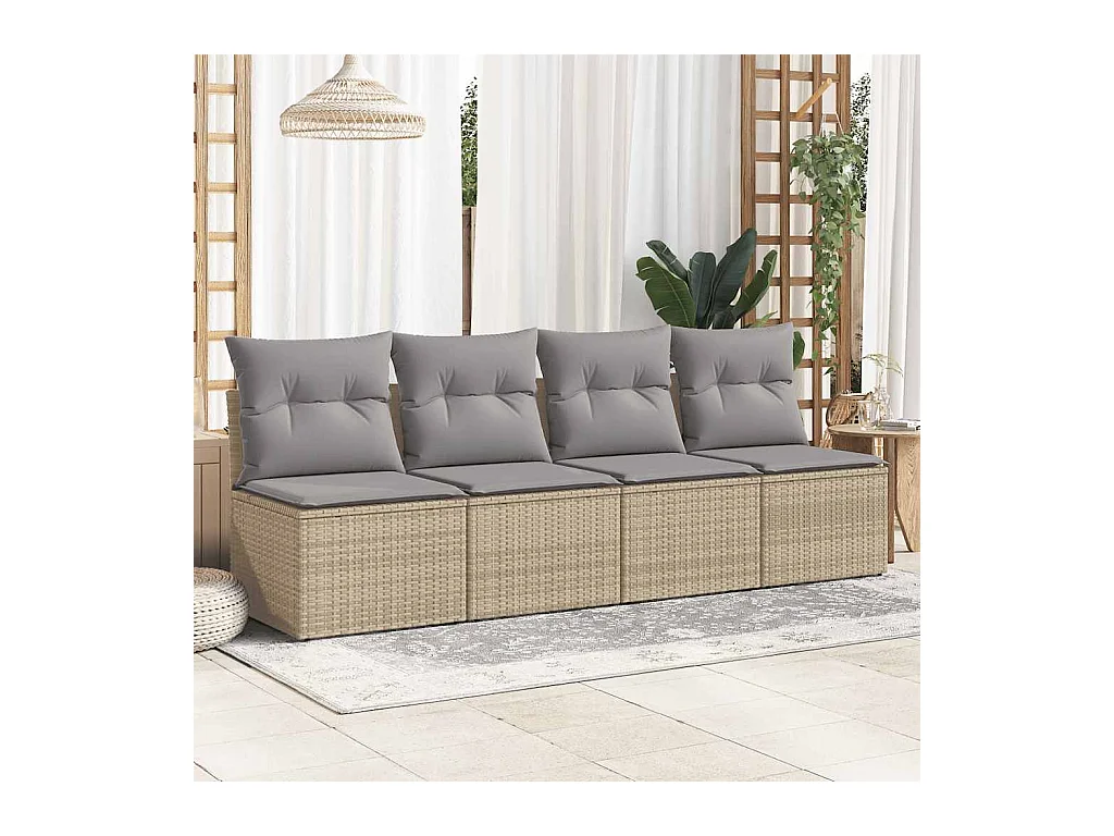Salon de jardin avec coussins 4 pièces beige résine tressée acacia