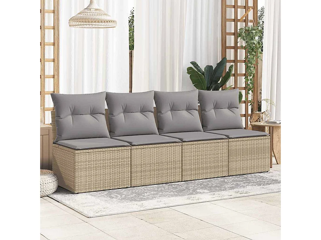 Salon de jardin avec coussins 4 pièces beige résine tressée acacia