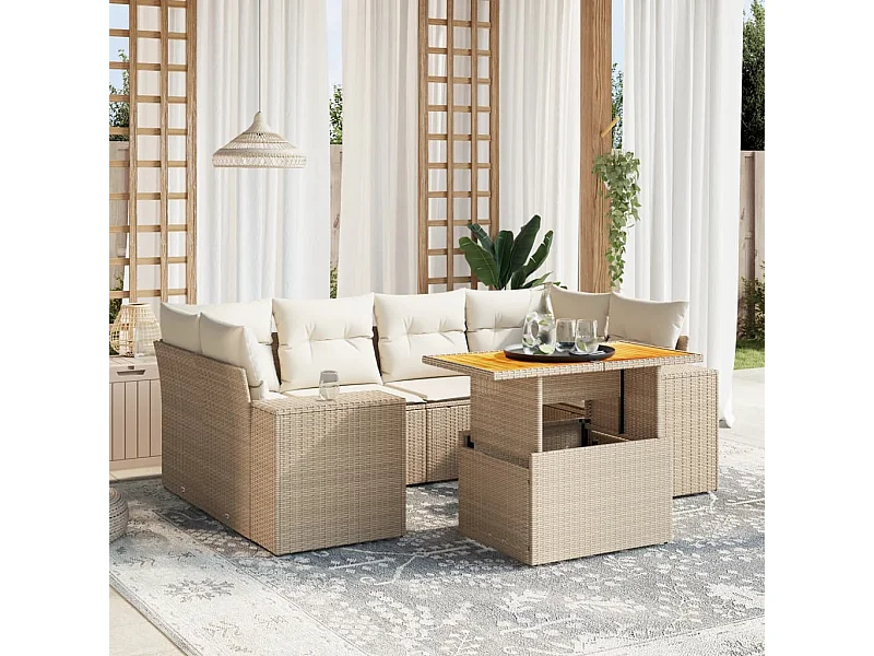 7-delige Loungeset met kussens poly rattan beige