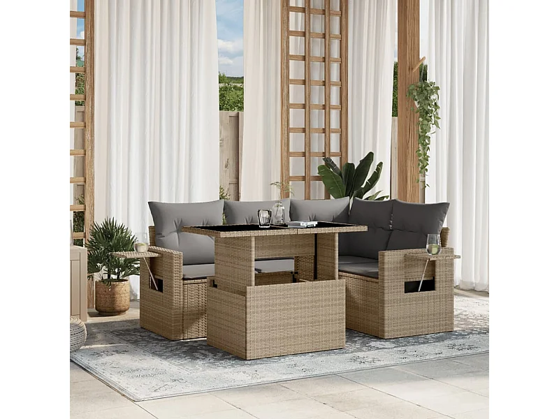 Salon de jardin avec coussins 5 pièces beige résine tressée