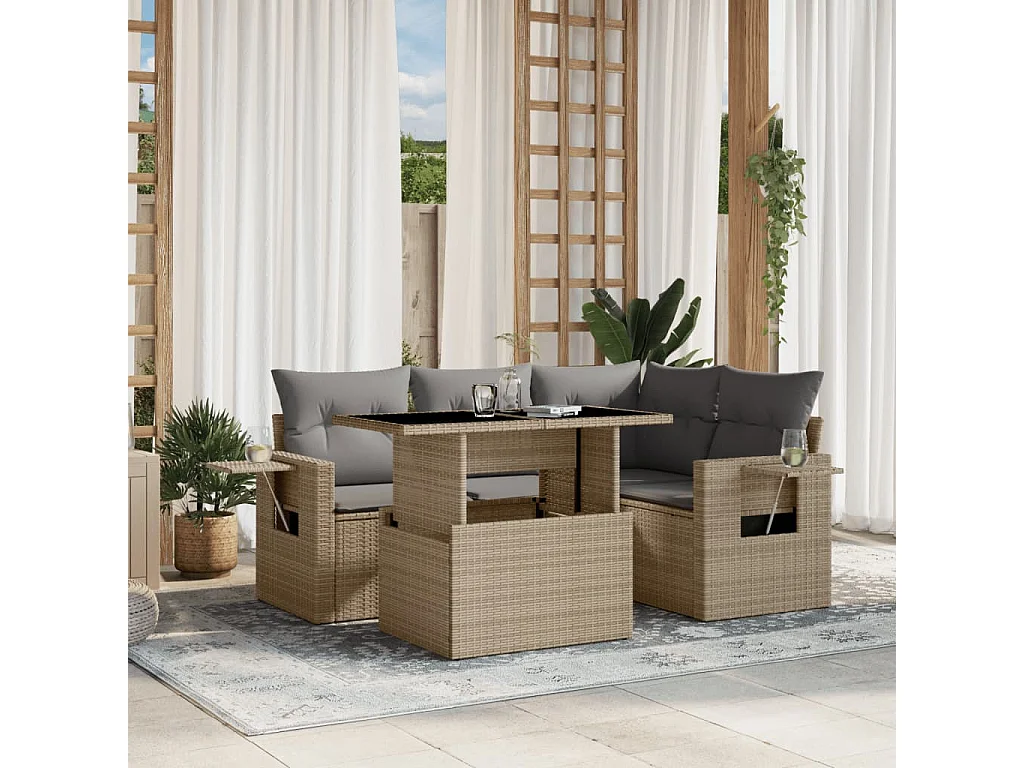Salon de jardin avec coussins 5 pièces beige résine tressée