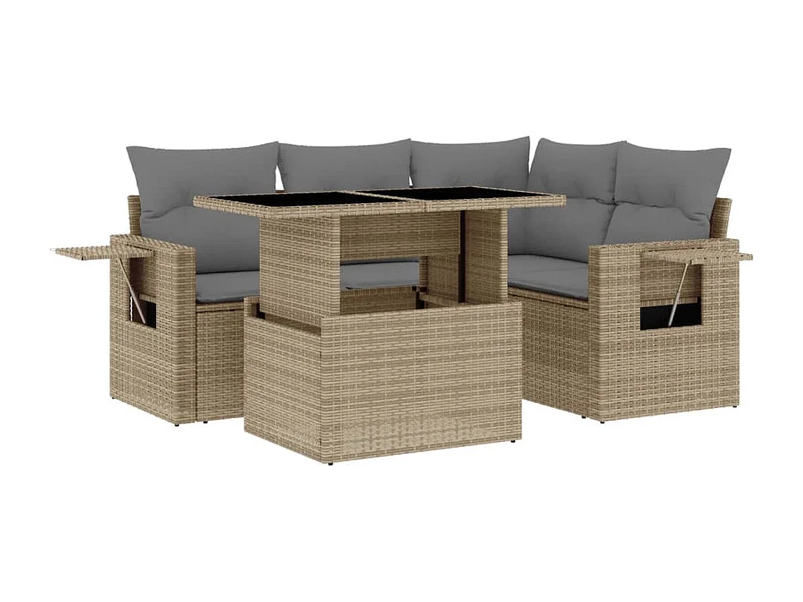 Salon de jardin avec coussins 5 pièces beige résine tressée