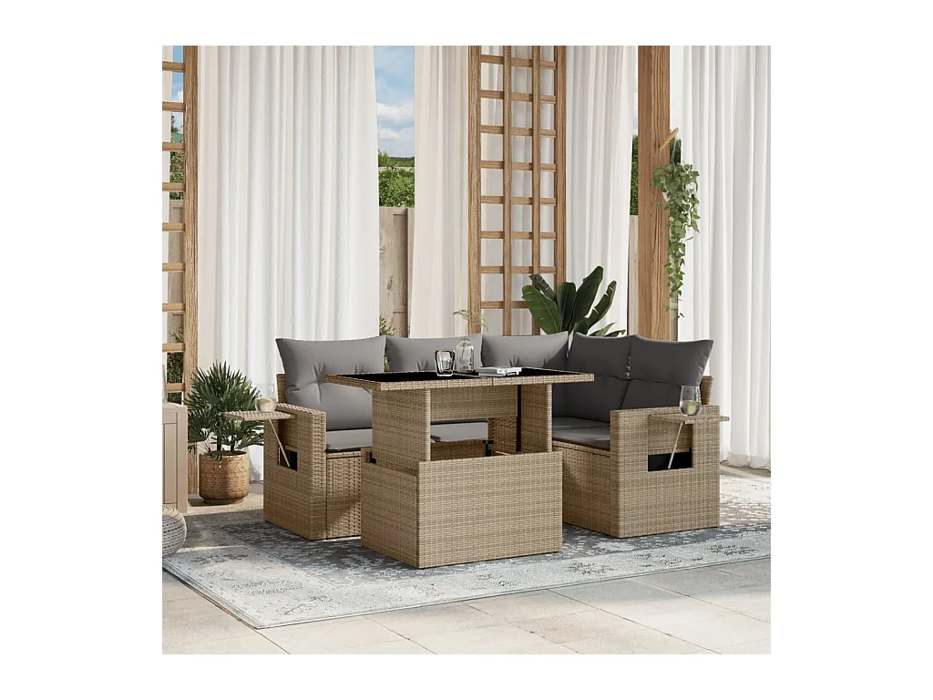 5-delige Loungeset met kussens poly rattan beige