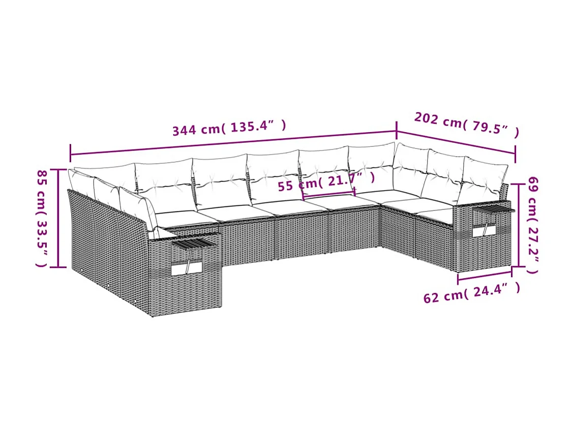 10 peças conj. sofás jardim com almofadões vime PE cinzento-claro