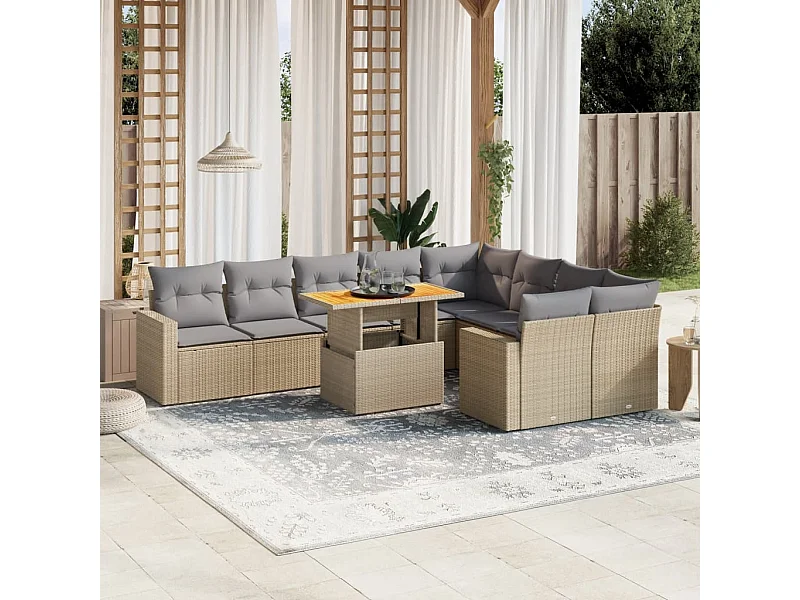 10 peças conjunto de sofás para jardim com almofadões vime PE bege