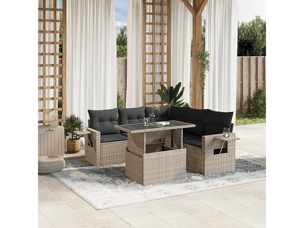 Salon de jardin 6 pièces avec coussins gris clair résine tressée