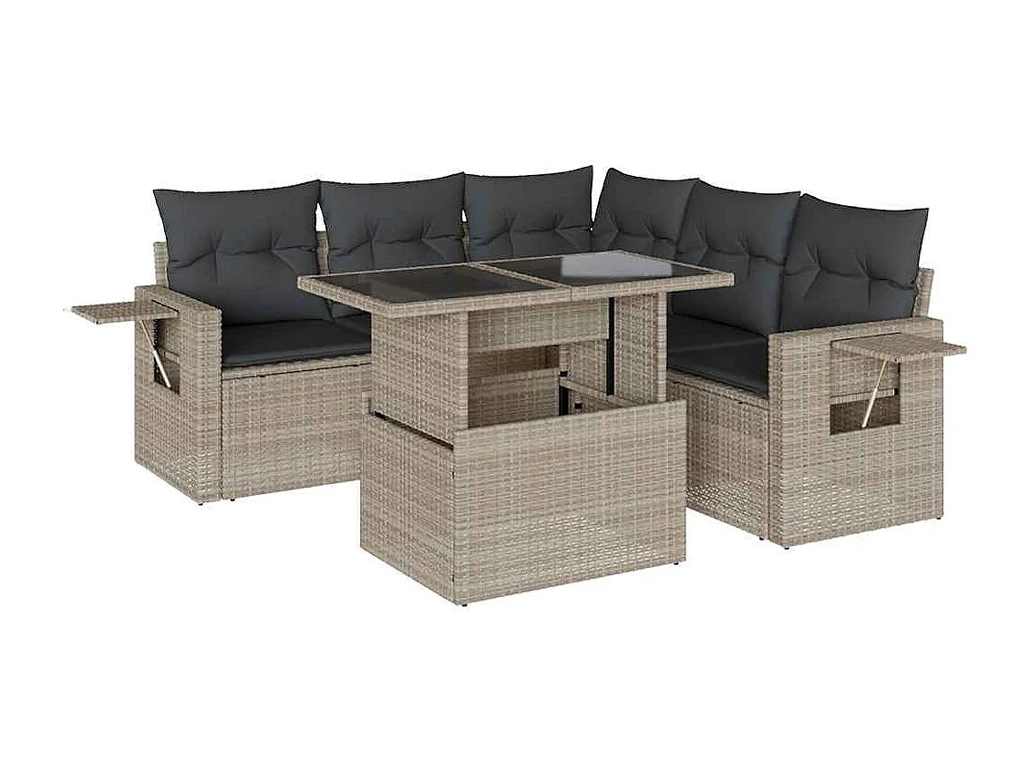 Salon de jardin 6 pièces avec coussins gris clair résine tressée