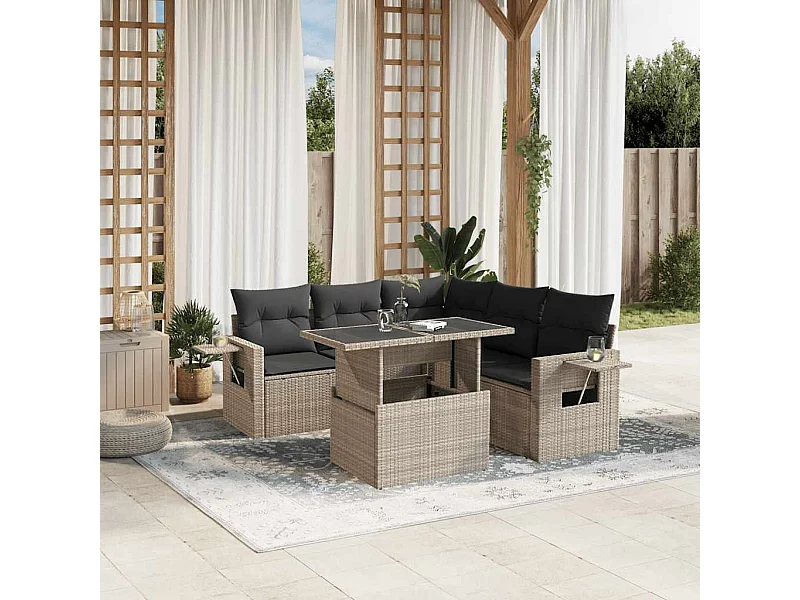 Salon de jardin 6 pièces avec coussins gris clair résine tressée