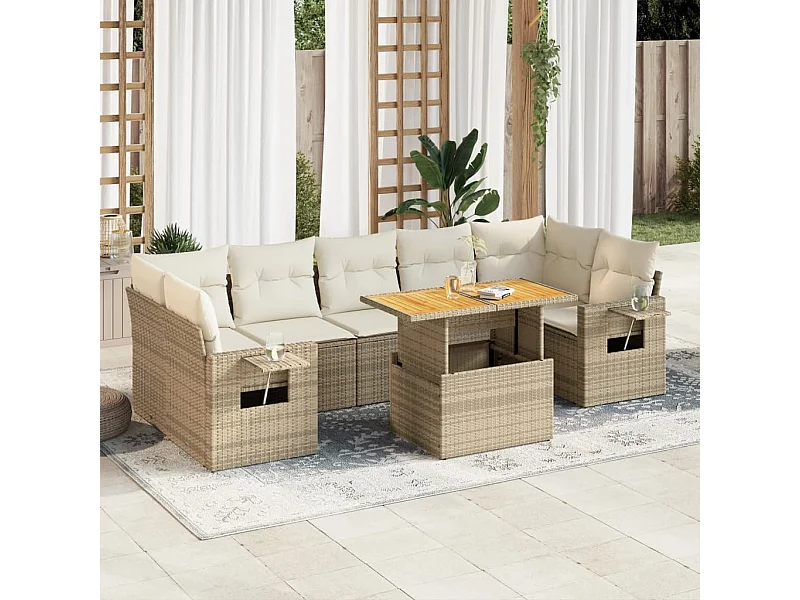 8 peças conjunto de sofás para jardim com almofadões vime PE bege