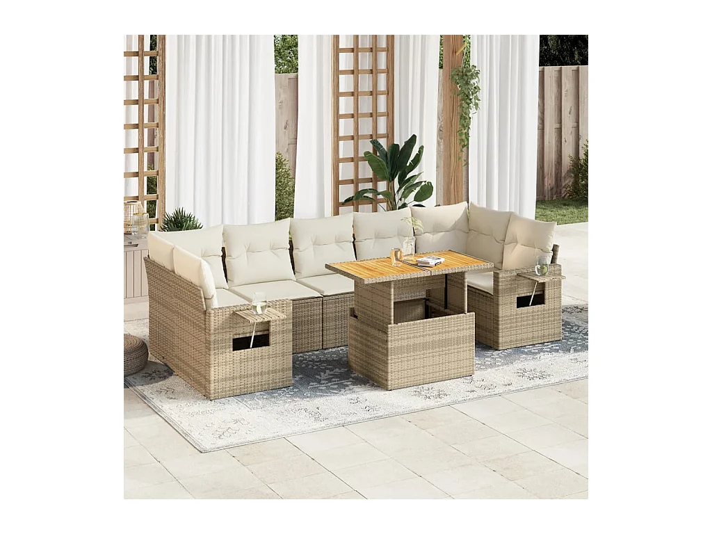8 peças conjunto de sofás para jardim com almofadões vime PE bege