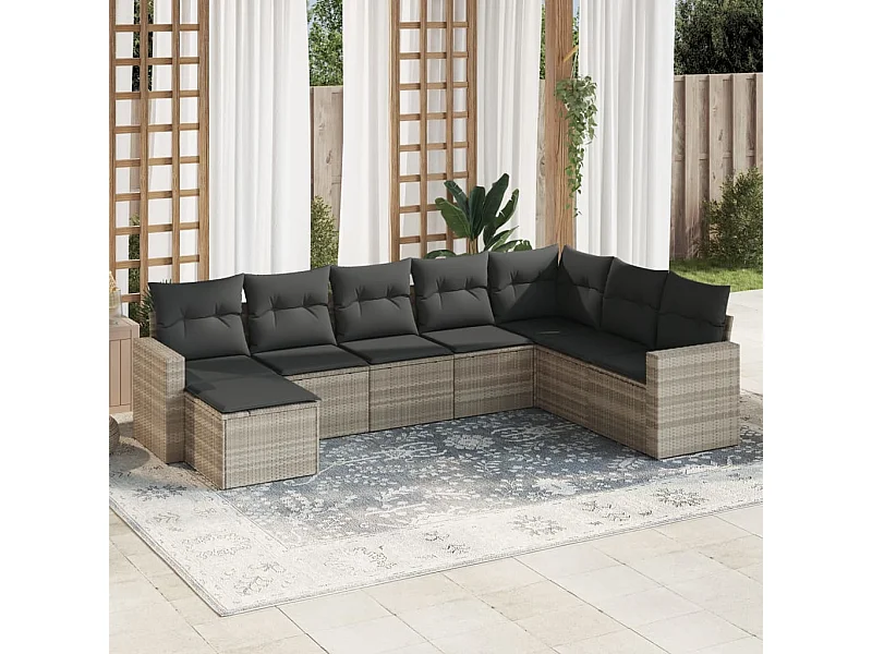 8 peças conj. sofás jardim com almofadões vime PE cinzento-claro