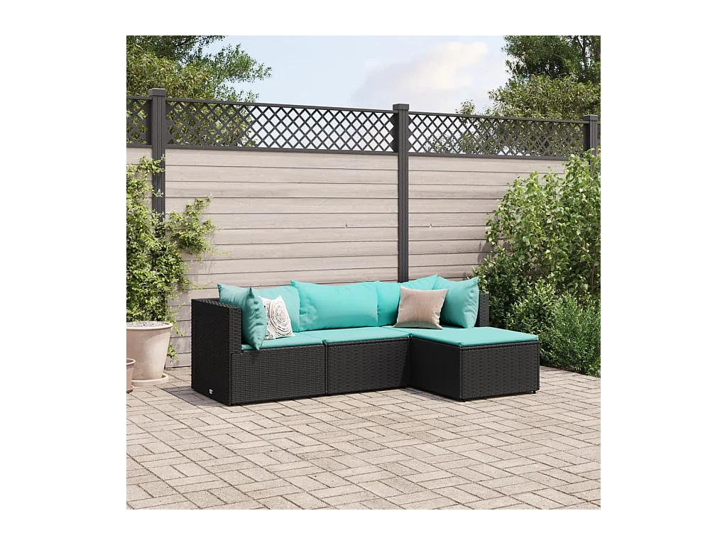 4-delige Loungeset met kussens poly rattan zwart