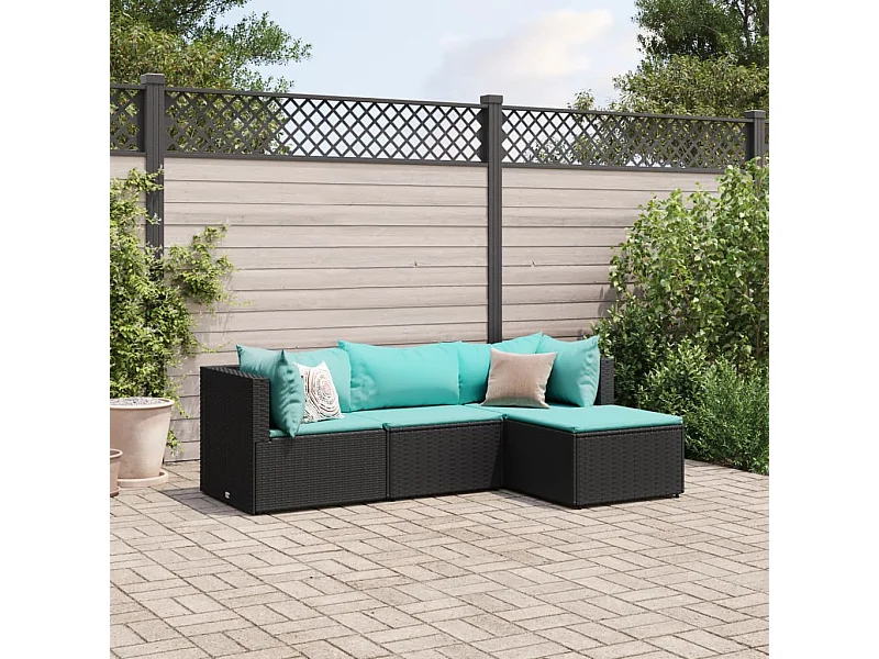 4 peças conjunto lounge de jardim com almofadões vime PE preto