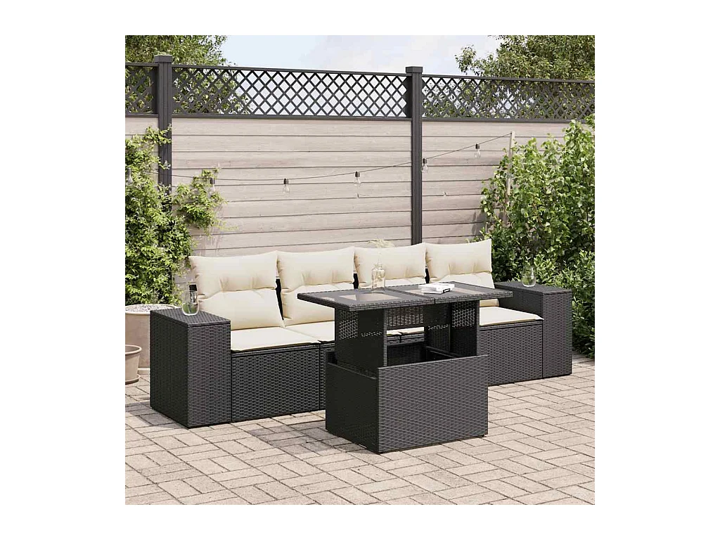 Salon de jardin 5 pièces avec coussins noir résine tressée