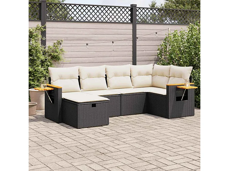 6 peças conjunto sofás de jardim com almofadões vime PE preto
