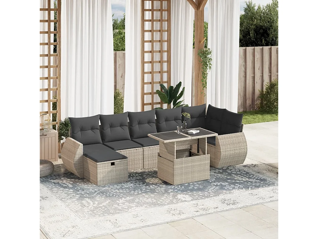 Set de sofás de jardín 8 piezas y cojines ratán sintético gris