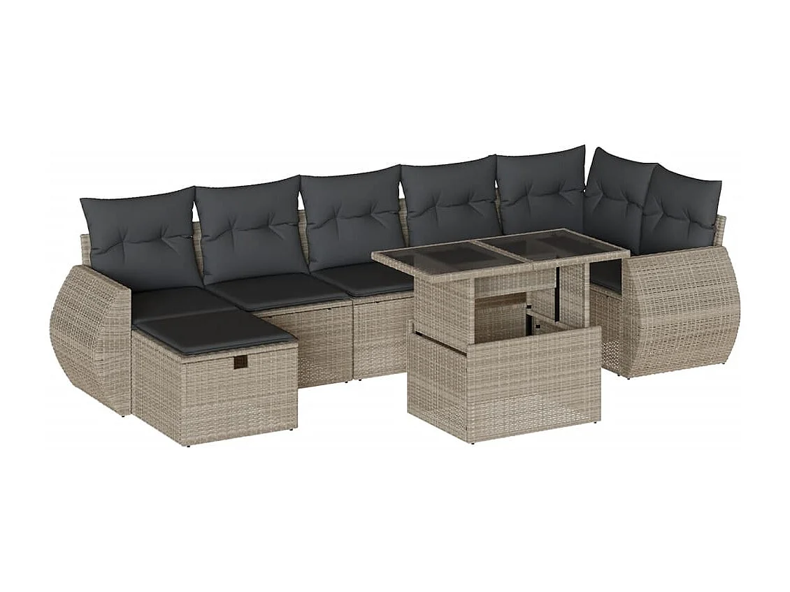 Set de sofás de jardín 8 piezas y cojines ratán sintético gris