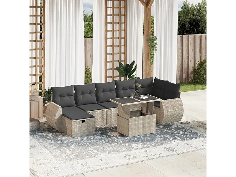 Salon de jardin 8 pièces avec coussins gris clair résine tressée