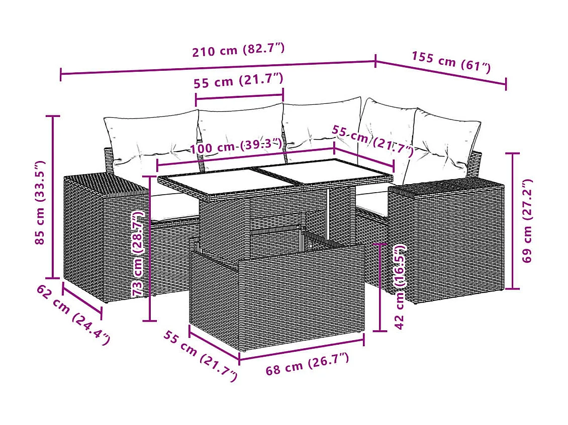 Salon de jardin avec coussins 5 pièces beige résine tressée