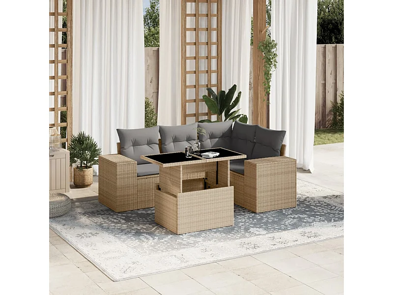 Salon de jardin avec coussins 5 pièces beige résine tressée