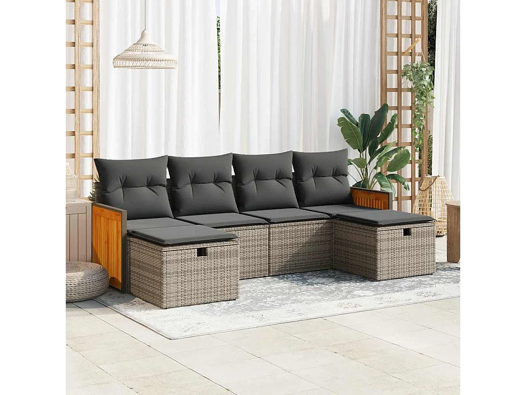 Salon de jardin 6 pièces avec coussins gris résine tressée