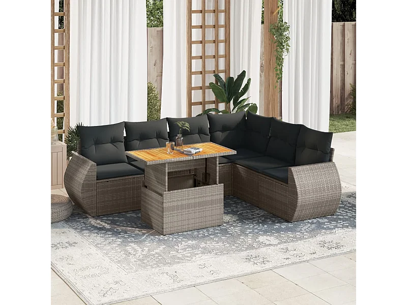 7 peças conjunto sofás para jardim com almofadões vime PE cinzento