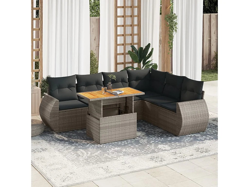 7 peças conjunto sofás para jardim com almofadões vime PE cinzento