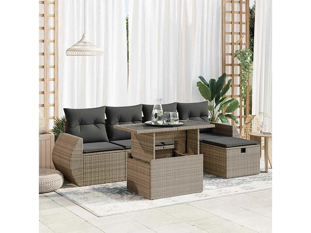 Set de muebles de jardín 6 piezas y cojines ratán sintético gris