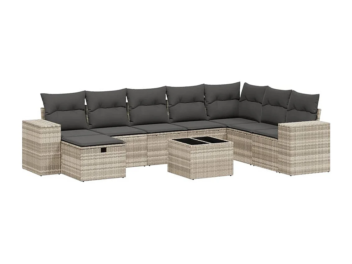 Salon de jardin 9 pièces avec coussins gris clair résine tressée