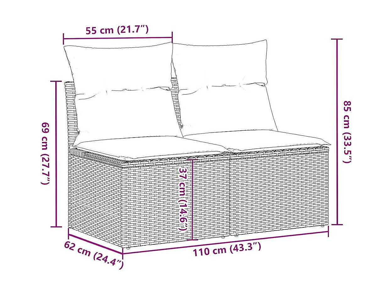2-delige Loungeset met kussens poly rattan acacia zwart
