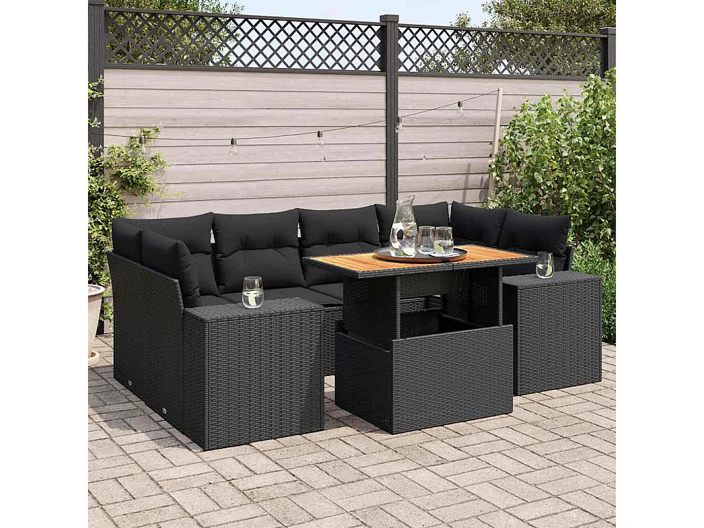 Salon de jardin 7 pièces avec coussins noir résine tressée