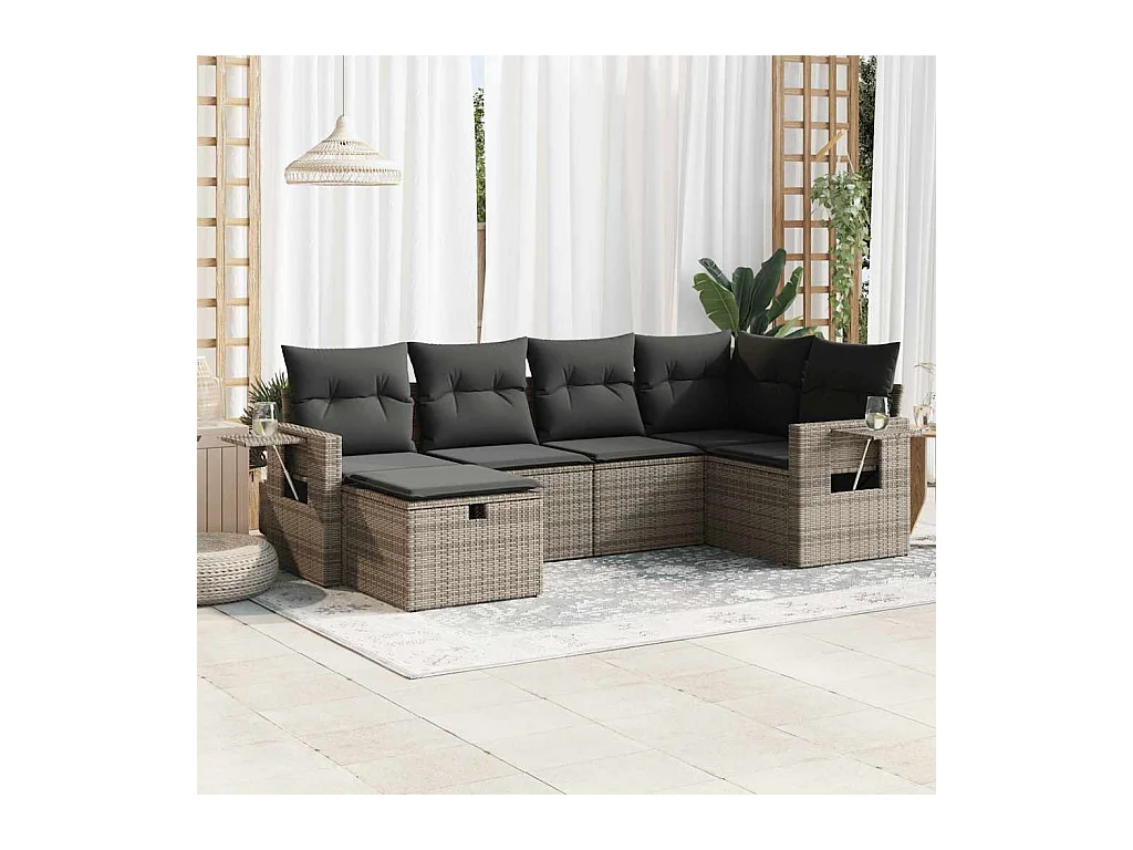 6 peças conjunto sofás de jardim com almofadões vime cinzento