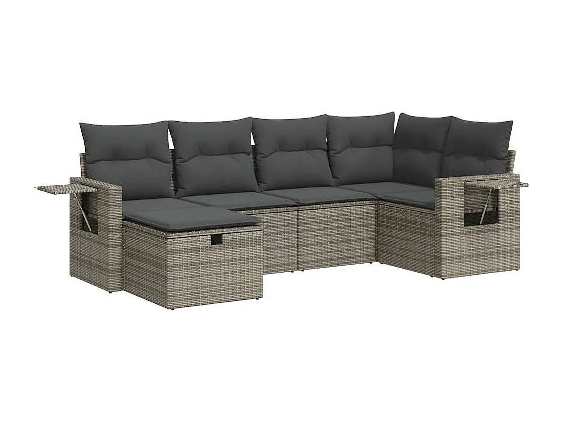 6-delige Loungeset met kussens poly rattan grijs