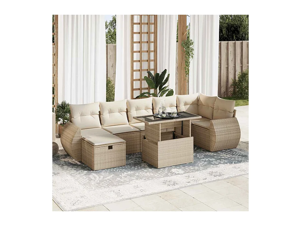 8 peças conjunto de sofás para jardim com almofadões vime PE bege