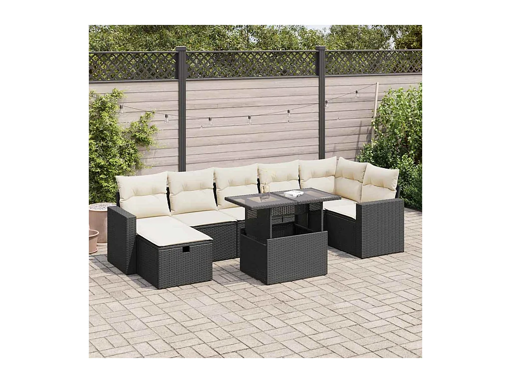 8 peças conjunto sofás de jardim com almofadões vime PE preto